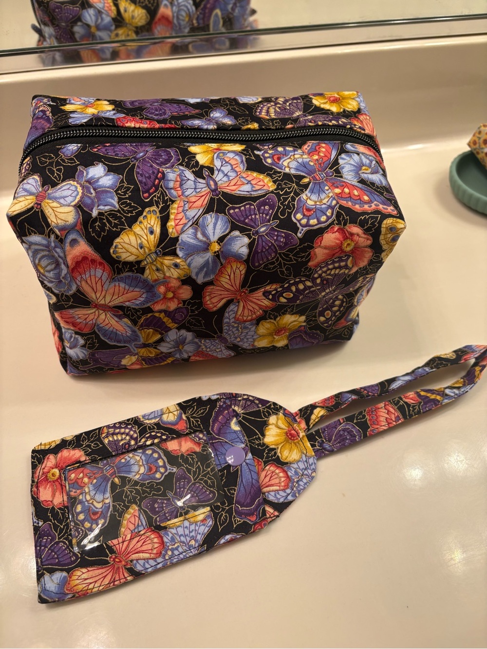 Butterfly Floral Cosmetic Bag with Matching Tag - Black